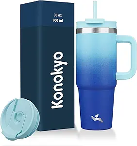 30 oz Tumbler with Handle and 2 Straws, 2 in 1 Lid | Insulated Water Bottle | Stainless Steel | Travel Coffee Mug | Sky